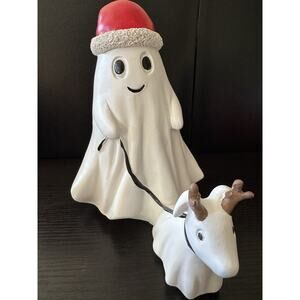 Ghost & Reindeer Christmas Figurine – Cute Holiday Decor, Whimsical Ghost S